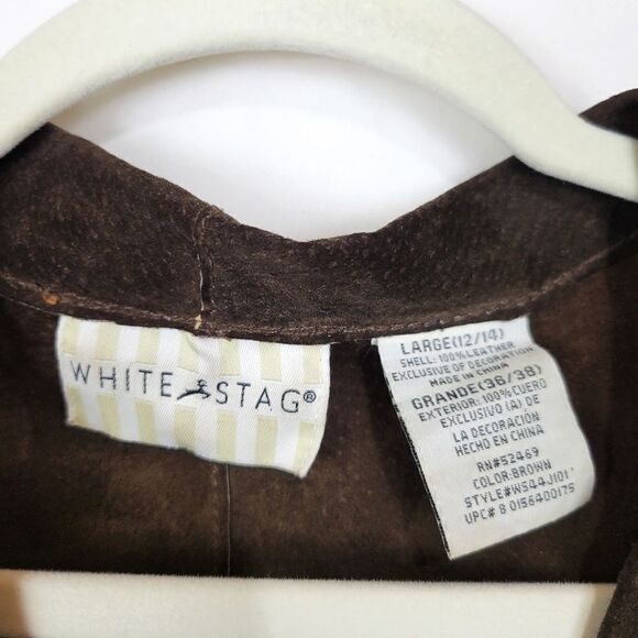 Vintage 70s Style White Stag Brown Boho Leather Crochet Blazer Jacket - Picture 5 of 6